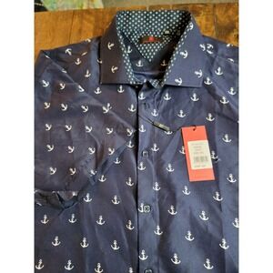 BC Collection Anchor Print Shirt Mens 2XL Navy Blue NEW Short Sleeve Button Up